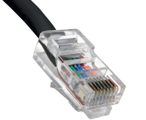 A black non-booted Cat 5e Ethernet cable with gold plated contacts.
