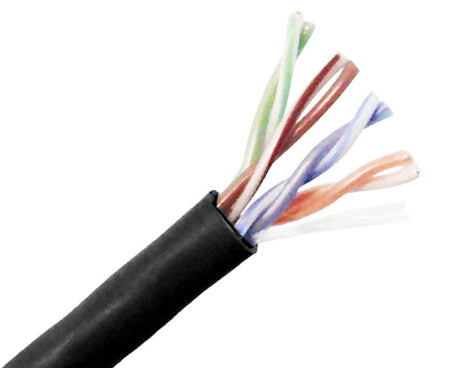 CAT5E plenum bulk ethernet cable with black jacket.