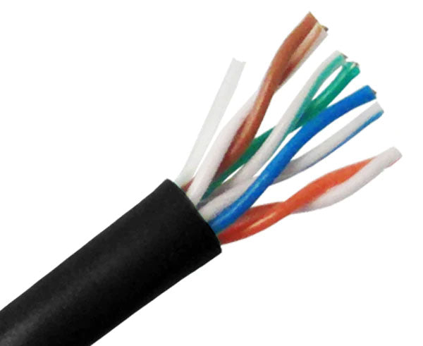 CAT5E CM rated bulk ethernet cable with black jacket.