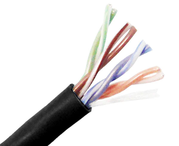 CAT5E CM rated stranded bulk ethernet cable with black jacket.