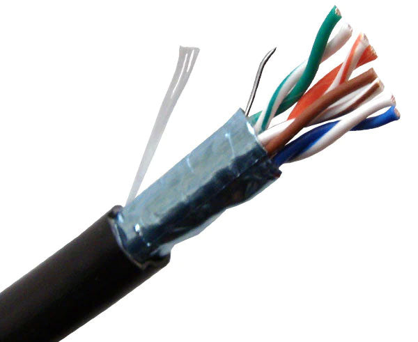 CAT5E CM rated shielded bulk ethernet cable with black jacket.