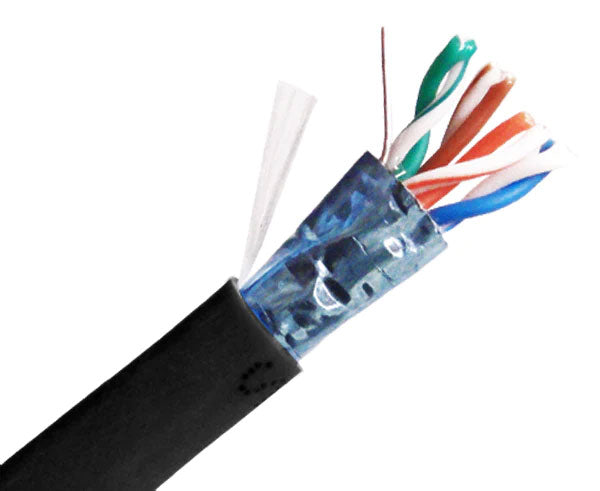 Shielded CAT5E riser rated bulk ethernet cable with black jacket.