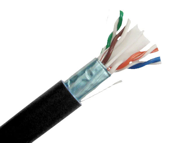 CAT6 shielded plenum bulk ethernet cable with black jacket.