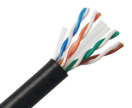CAT6 23 AWG riser rated bulk ethernet cable with black jacket.