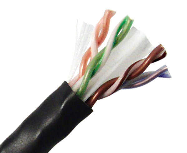 CAT6 plenum bulk ethernet cable with black jacket.