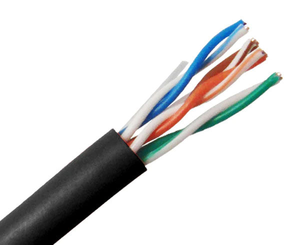 CAT6 CM rated stranded bulk ethernet cable with black jacket.