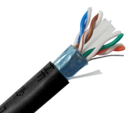 Shielded CAT6 riser rated bulk ethernet cable with black jacket.