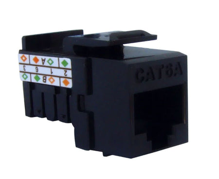 Black cat6a high-density unshielded rj45 keystone jack with 90-degree contacts.