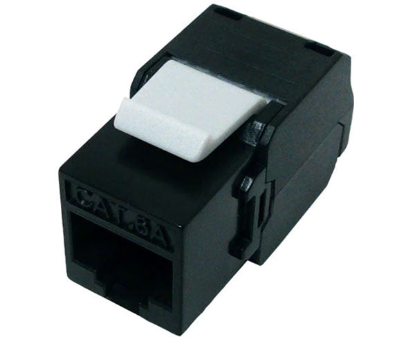 Black cat6a high-density unshielded rj45 keystone jack with 180-degree contacts.