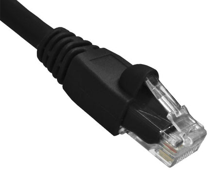 A black Cat 6a Ethernet cable with snagless molded boots.