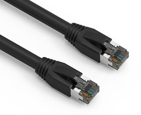A black Cat 8 Ethernet cable with molded boots and shielded connectors.