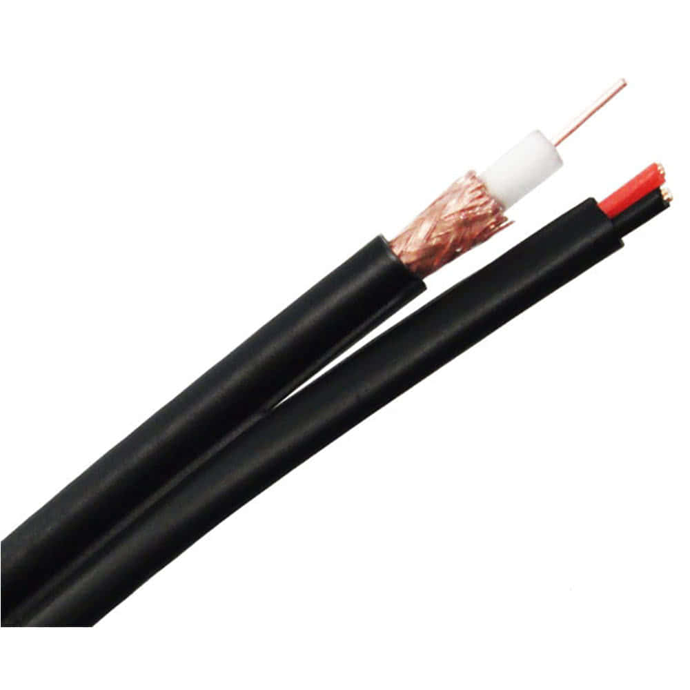 An RG59 siamese coaxial cable with black jacket and two wire power cable.