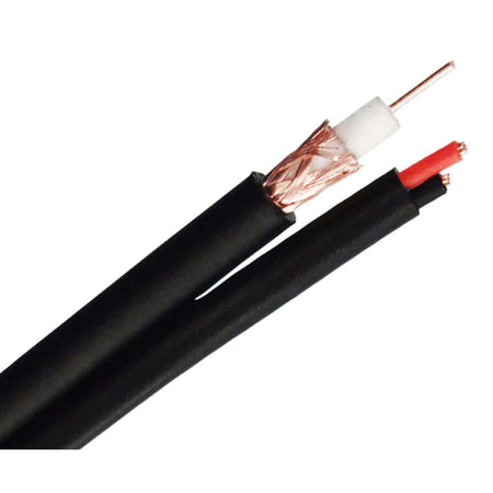 An RG59 siamese coaxial cable with black jacket and 20 awg two wire power cable.