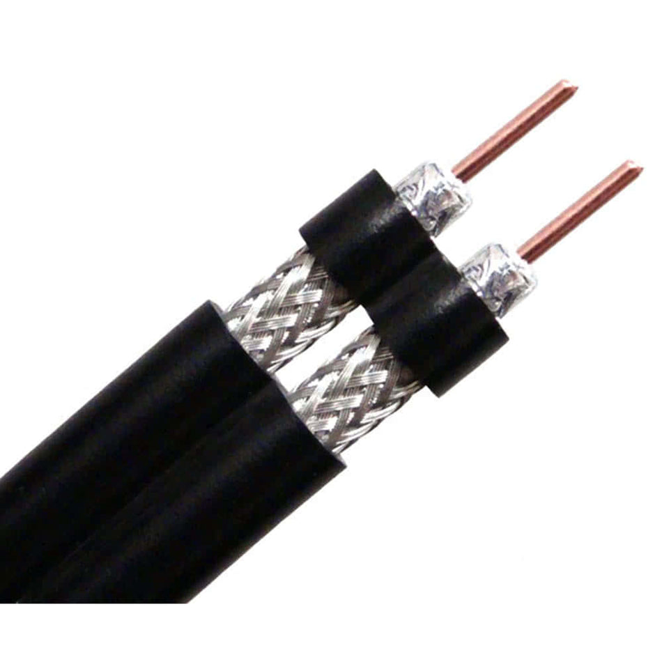 An 18 AWG RG6 siamese coaxial cable with black jacket and dual shielding.