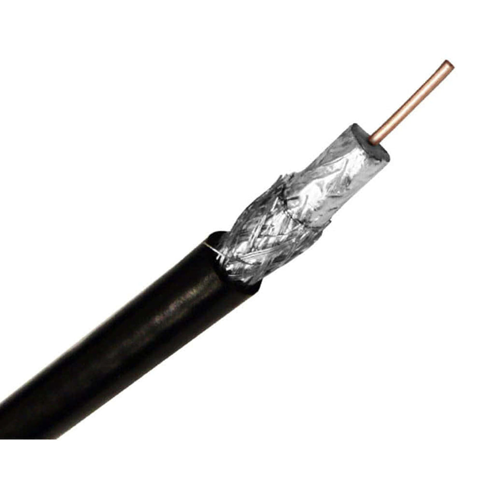 An 18 AWG RG6 coaxial cable with black jacket and dual shielding.