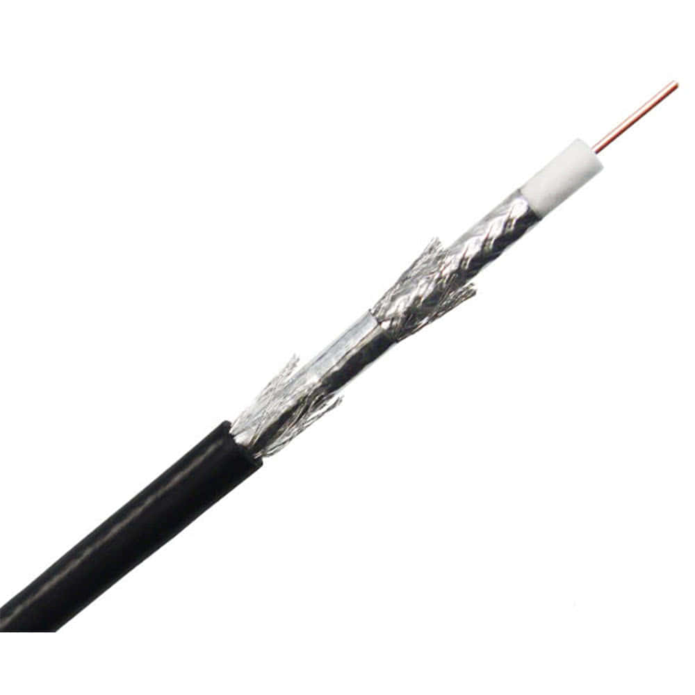 An 18 AWG RG6 coaxial cable with black jacket and quad shielding.