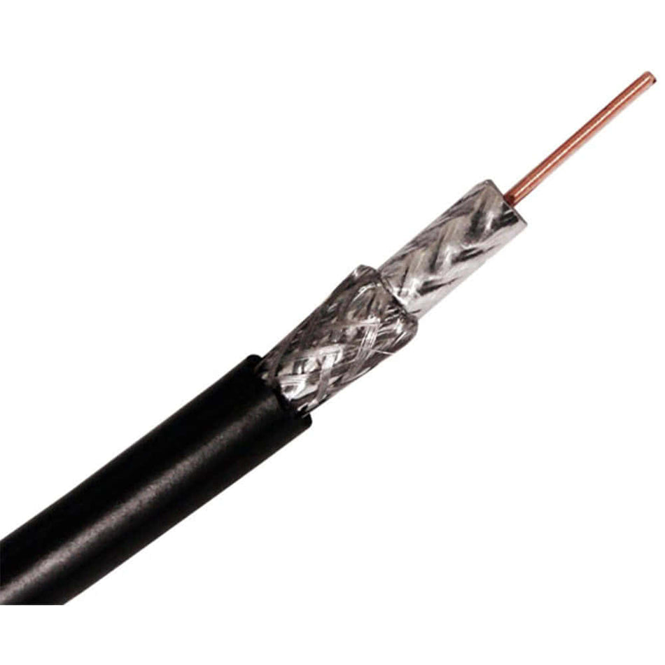 An 18 AWG RG6 coaxial cable with burial black jacket and dual shielding.