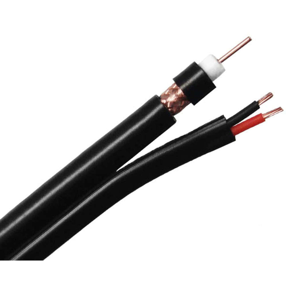 An 18 AWG RG6 siamese coaxial cable with black jacket and dual power cable.