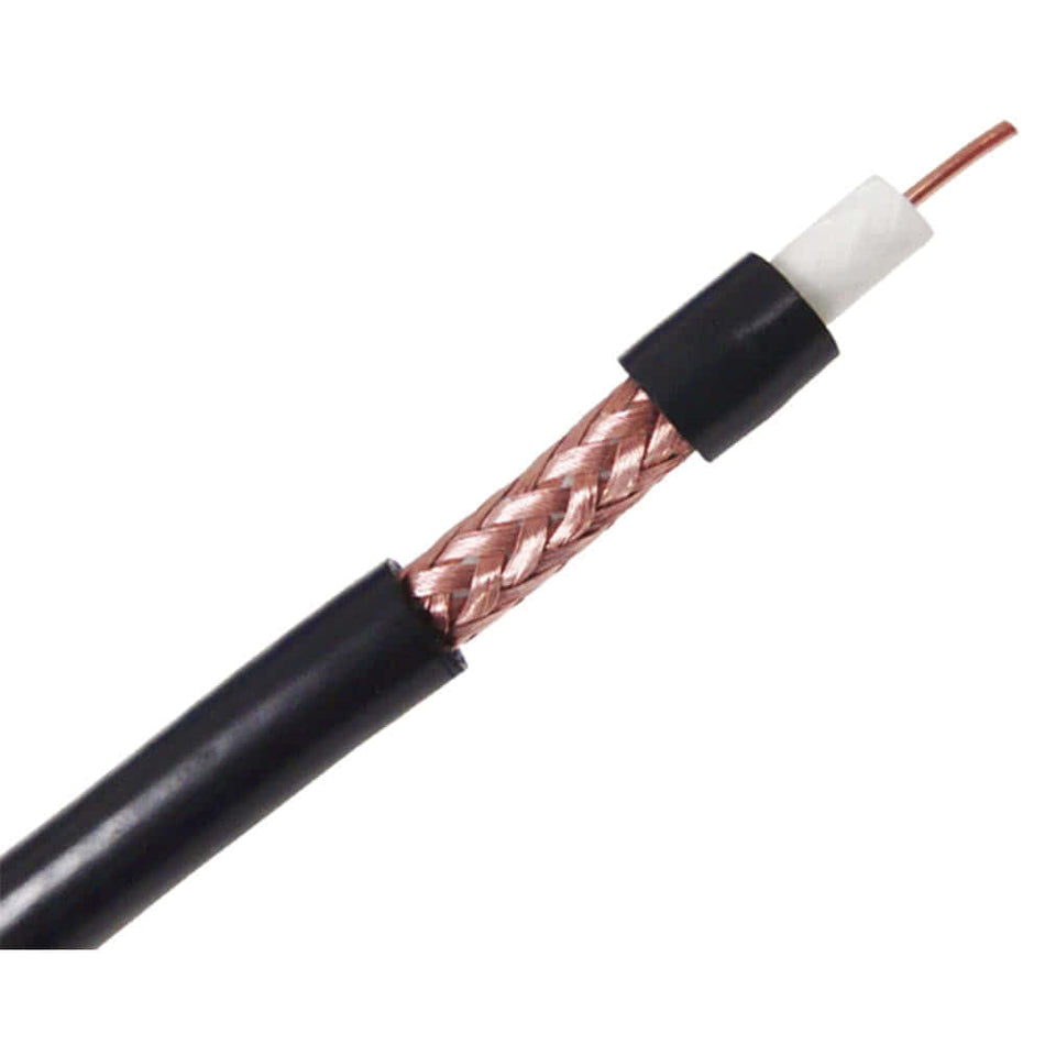 An 18 AWG RG6 coaxial cable with black jacket and bare copper shielding.