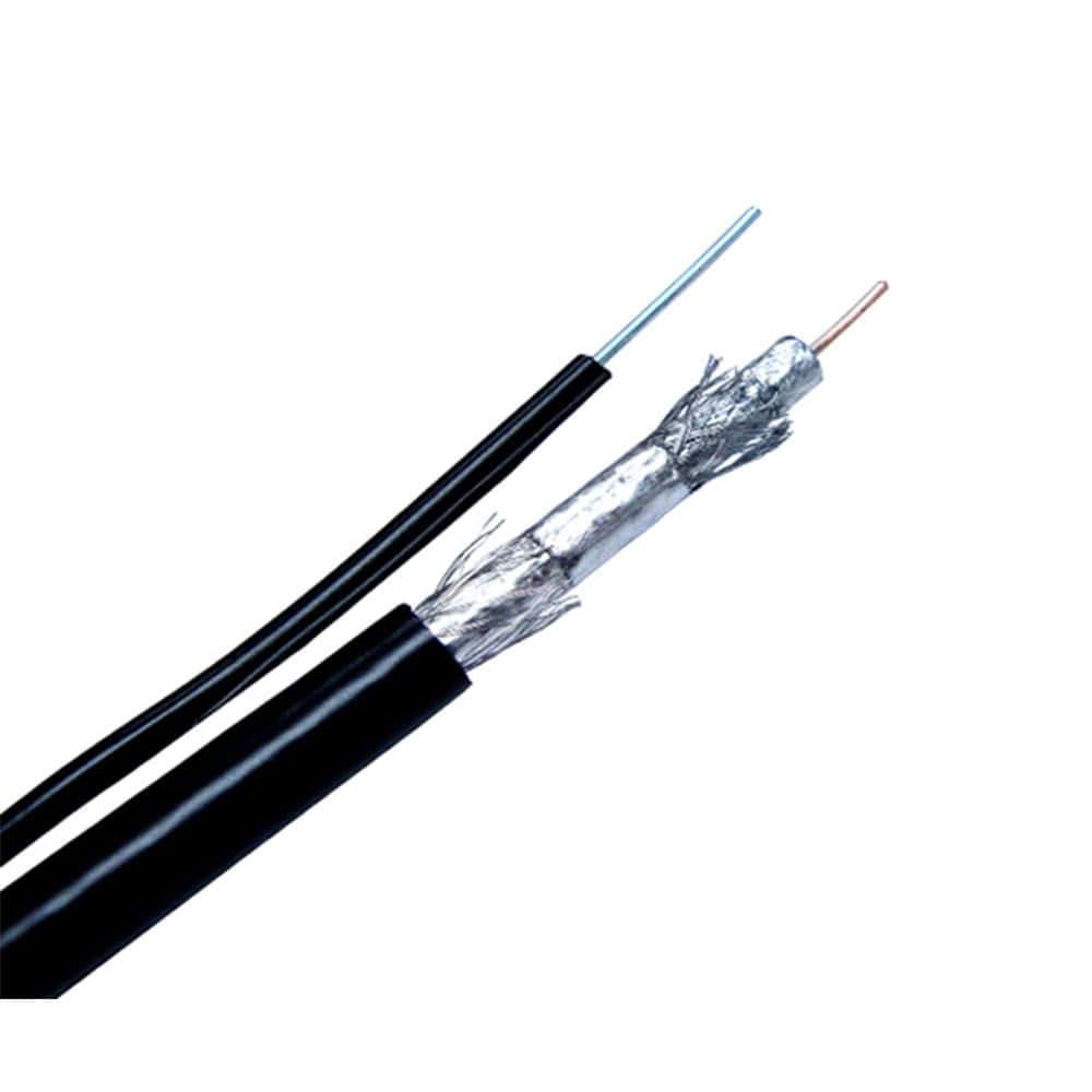 An 18 AWG RG6 coaxial cable with black jacket and messenger wire.