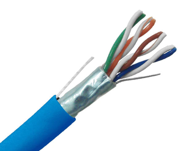 Shielded CAT5E plenum bulk ethernet cable with blue jacket.
