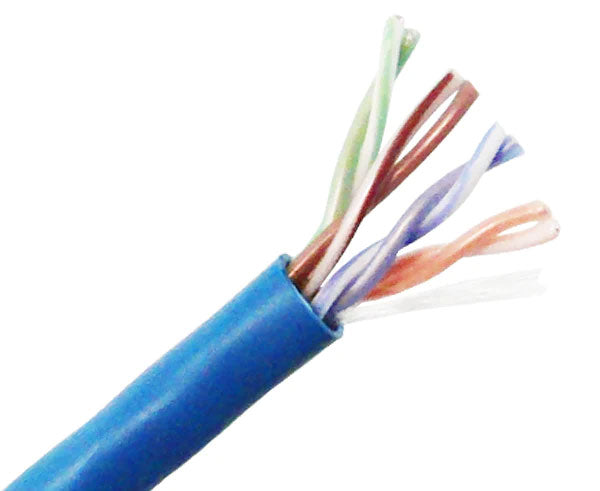 CAT5E plenum bulk ethernet cable with blue jacket.