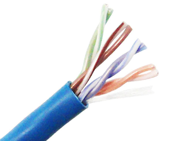 CAT5E CM rated stranded bulk ethernet cable with blue jacket.