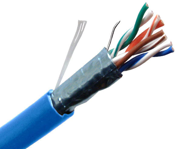 CAT5E CM rated shielded bulk ethernet cable with blue jacket.
