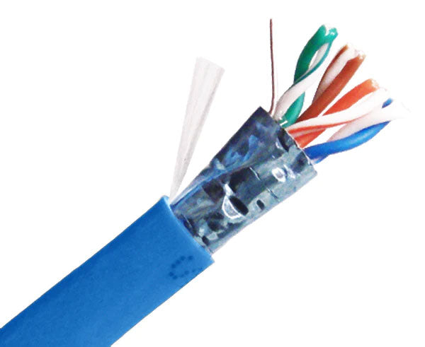 Shielded CAT5E riser rated bulk ethernet cable with blue jacket.