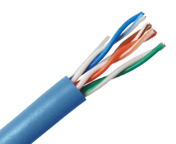 CAT5E riser rated bulk ethernet cable with blue jacket.