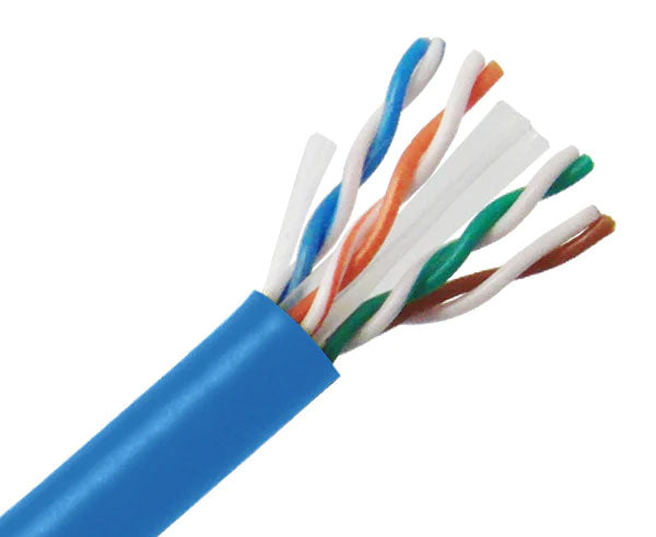 CAT6 23 AWG riser rated bulk ethernet cable with blue jacket.