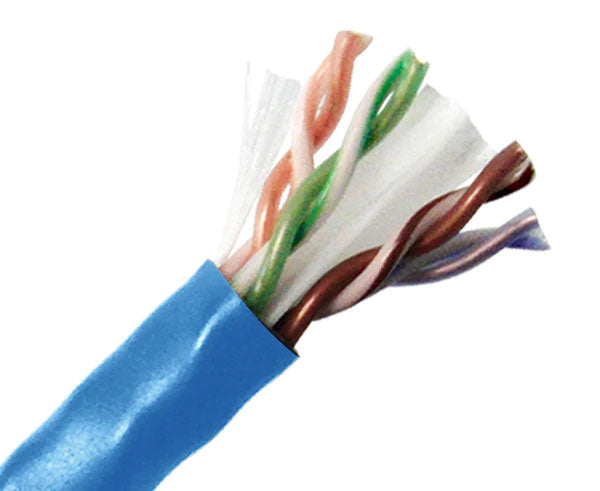 CAT6 plenum bulk ethernet cable with blue jacket.