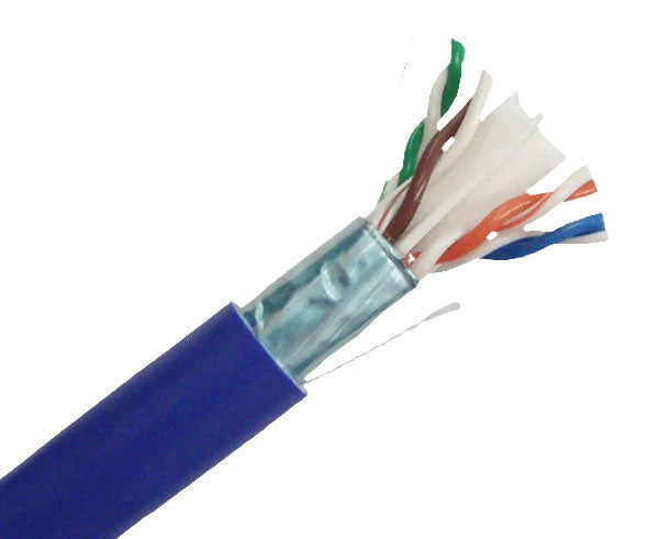 Shielded CAT6 riser rated bulk ethernet cable with blue jacket.