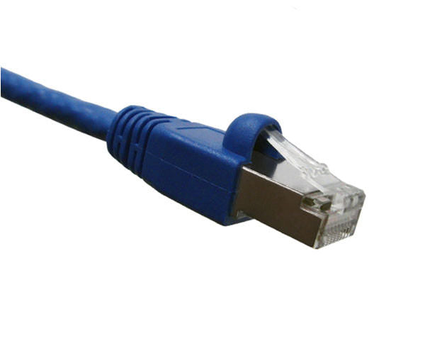 A blue Cat 6a Ethernet cable with molded boots and shielded connector.