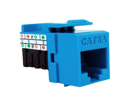 Blue cat6a high-density unshielded rj45 keystone jack with 90-degree contacts.