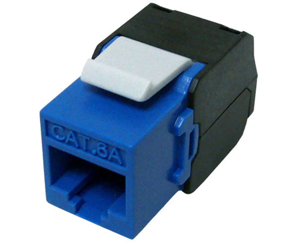Blue cat6a high-density unshielded rj45 keystone jack with 180-degree contacts.