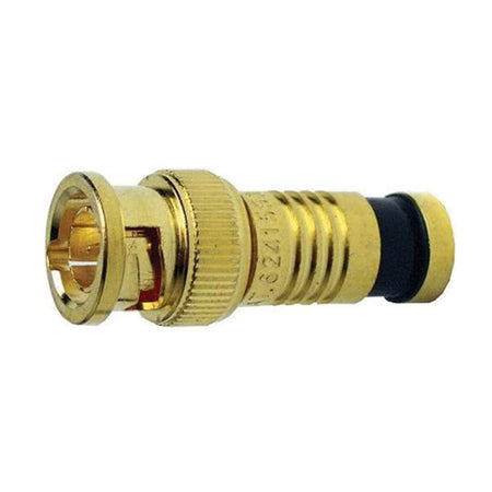 An rg59 bnc gold plated connector with black ring.