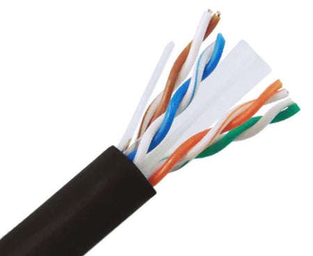 CAT6A riser rated bulk ethernet cable with black jacket.