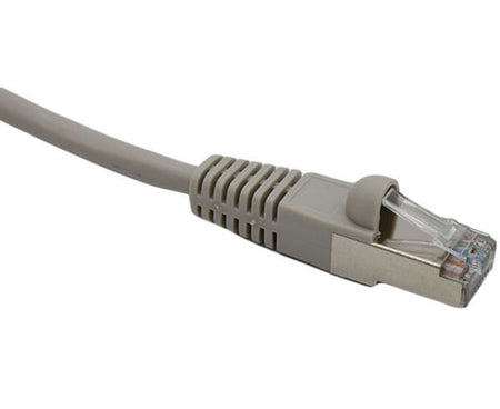 A gray Cat 5e Ethernet cable with molded boots and shielded connectors.