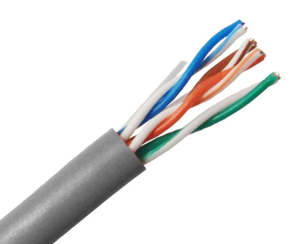 CAT5E CM rated bulk ethernet cable with gray jacket.