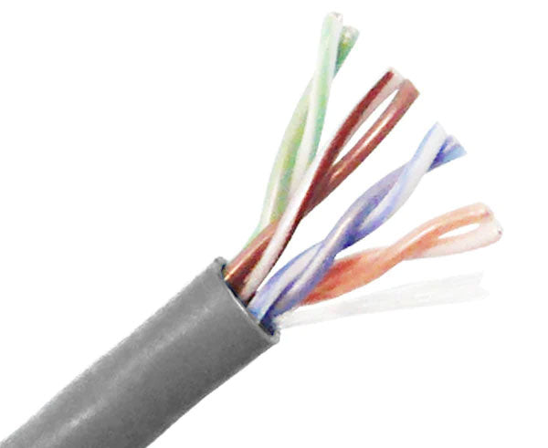 CAT5E CM rated stranded bulk ethernet cable with gray jacket.