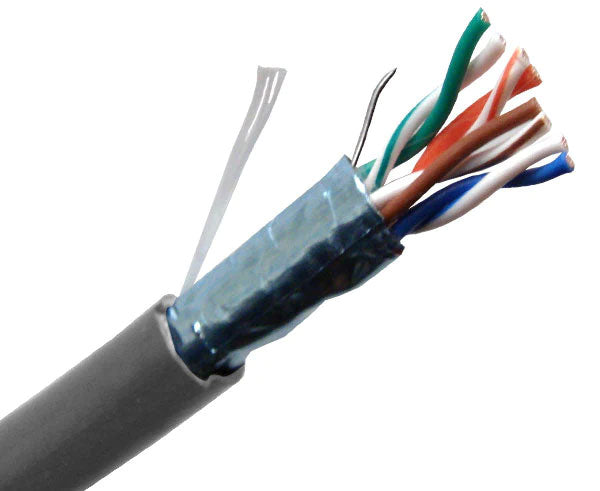 CAT5E CM rated shielded bulk ethernet cable with gray jacket.