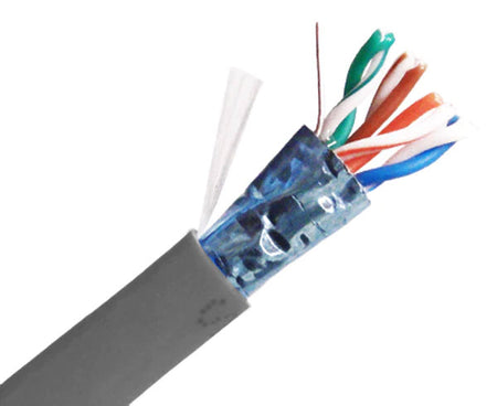 Shielded CAT5E riser rated bulk ethernet cable with gray jacket.