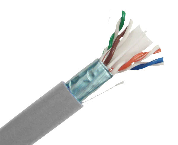 CAT6 shielded plenum bulk ethernet cable with gray jacket.
