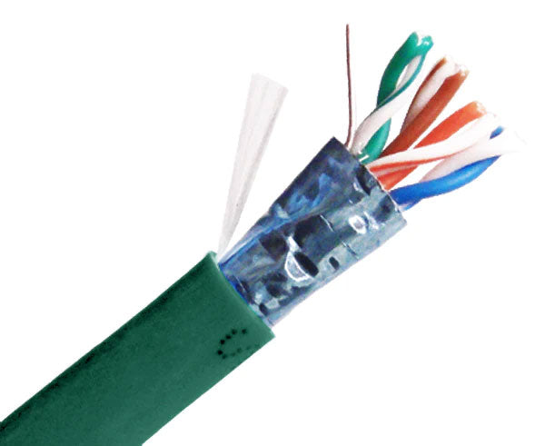 Shielded CAT5E riser rated bulk ethernet cable with green jacket.
