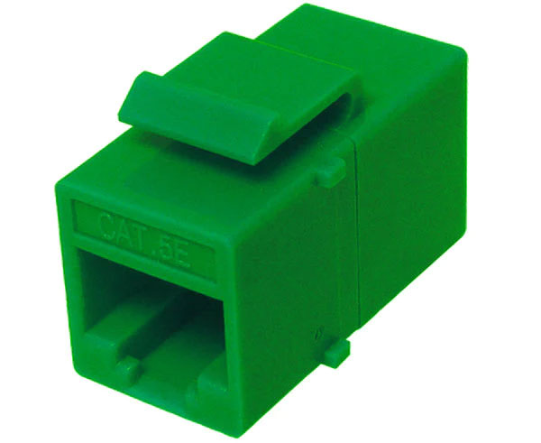 Green cat5e inline coupler with keystone latch.