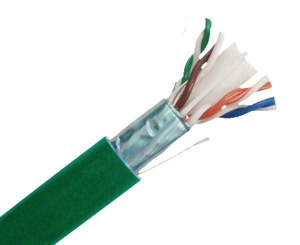 CAT6 shielded plenum bulk ethernet cable with green jacket.