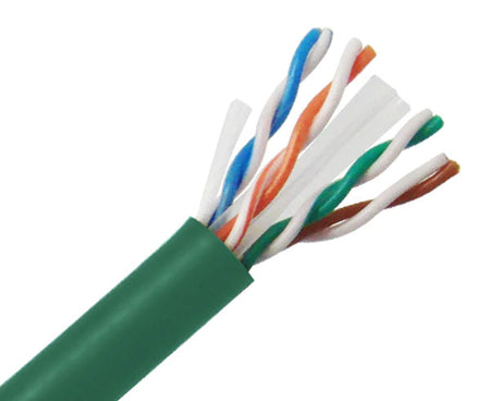 CAT6 23 AWG riser rated bulk ethernet cable with green jacket.