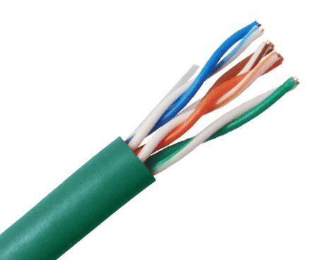 CAT6 CM rated stranded bulk ethernet cable with green jacket.