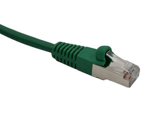 A green Cat 6 shielded Ethernet cable with snagless molded boots.